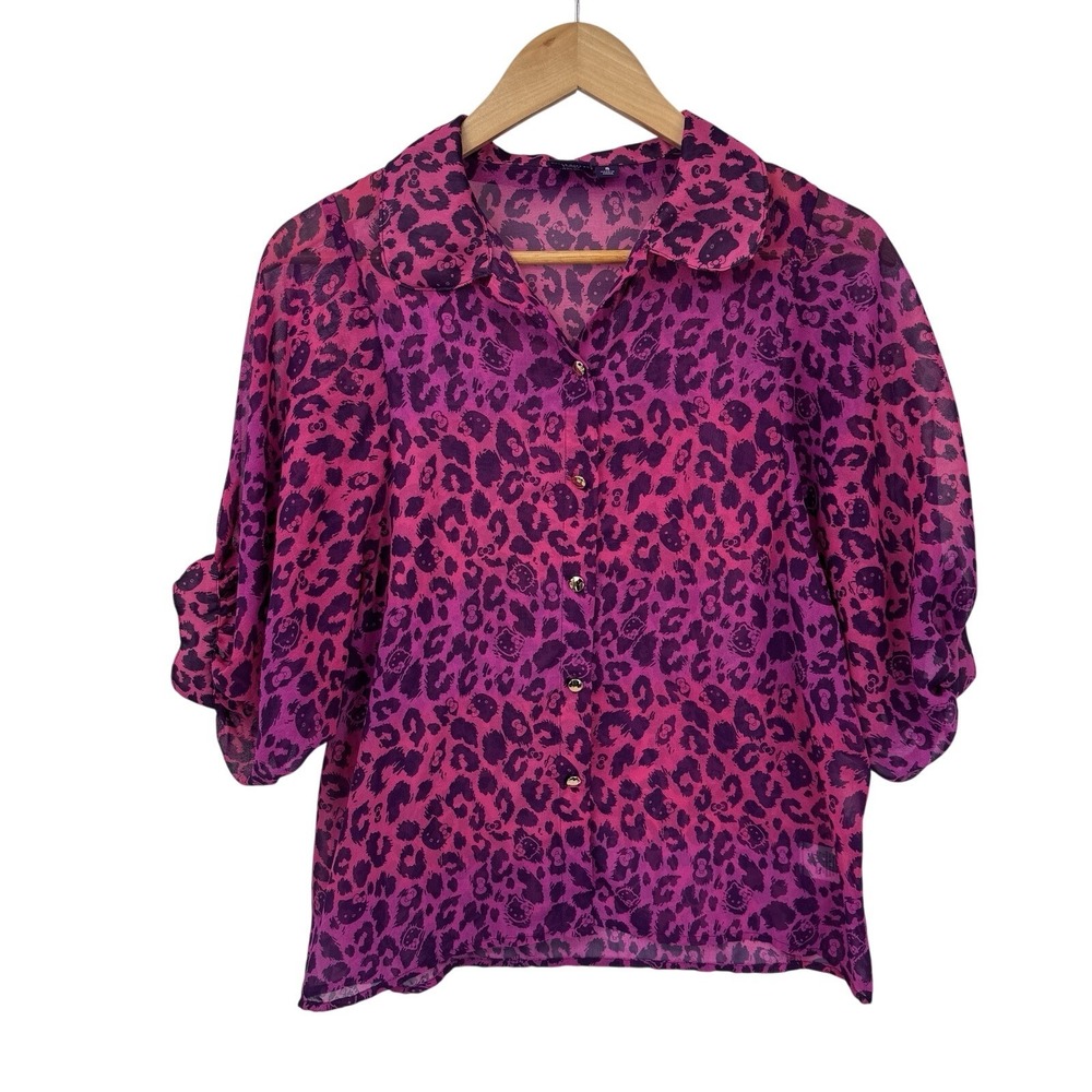 Hello Kitty Button Front Top Womens Small Pink Animal Print Sheer Polyester
